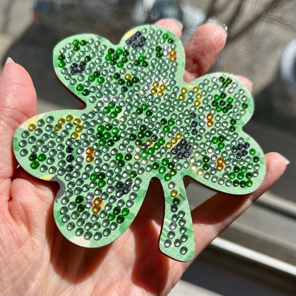 2/$16 - No. 01 - Sparkly, Diamond Art Shamrock Clover Holiday Coaster, Green